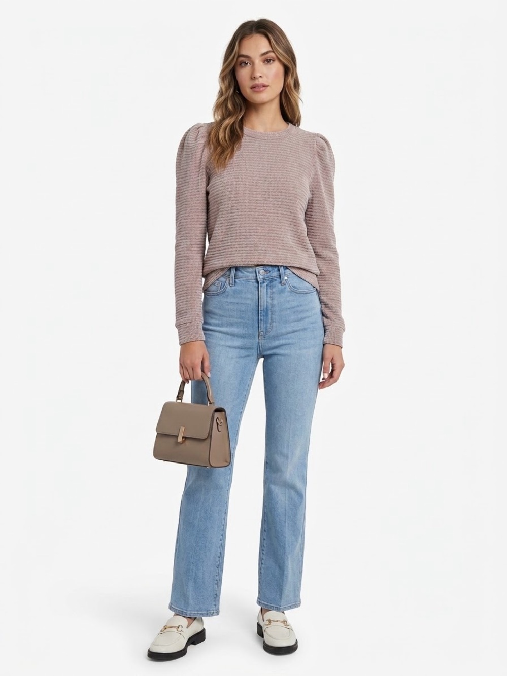 Chenault $58 NWT P2P17-19” Ribbed Chenille Puff Shoulder Sweater Taupe